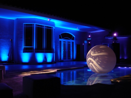 Lighting, surprise birthday party, submersible LED, pool, decorative cloudbuster sphere, rotating gobo projections,  private residence, Miami, FL